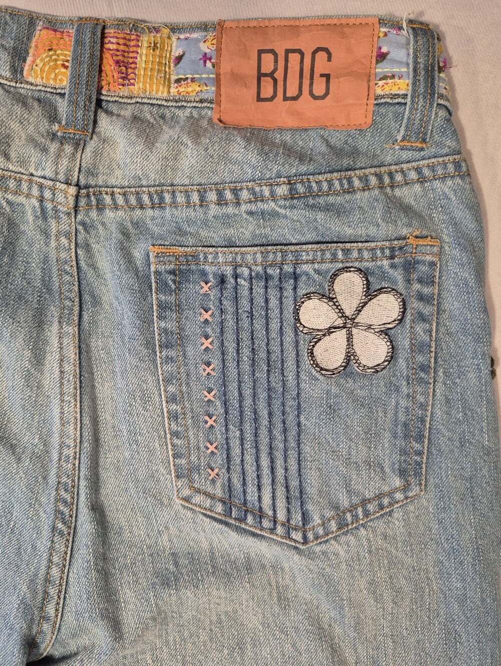 BDG Faded Patchwork Jeans High Rise Cropped Flare Raw Hem Floral & Smiley Patch - Picture 3 of 14